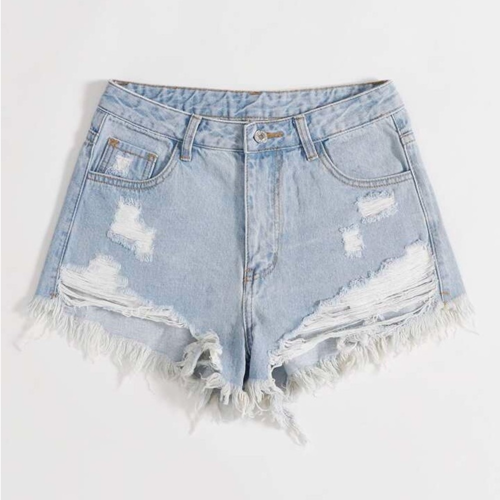 SHEIN | Blue Jean Shorts Distressed Frayed Hem Mid Rise - Picture 2 of 11